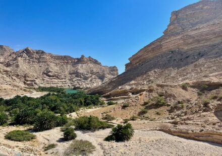Turquoise wadi pool framed by rock canyon walls