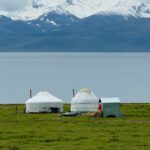 Yurt camp beside an alpine lake in Kyrgyzstan